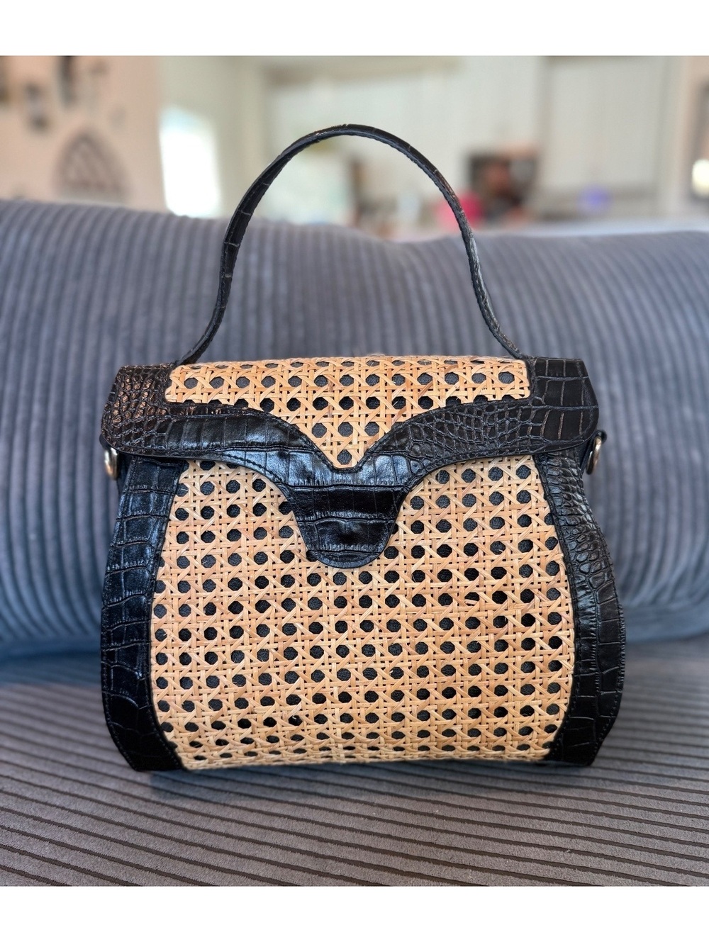 Maria Antonietta Handmade Genuine Leather and Rattan Top Handle Bag